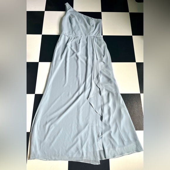 DAVID’S BRIDAL CHIFFON ONE-SHOULDER BRIDESMAID DRESS WITH CASCADE, DUSTY BLUE - Picture 2 of 8